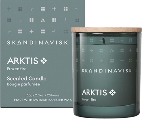 Grijze doos en kaars met Scandinavisch ontwerp, tekst over geurkaars, 65g.