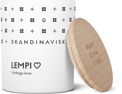 Een witte container met Scandinavische symbolen, een merknaam 'LEMPI' en een houten deksel met ingegraveerde woorden.