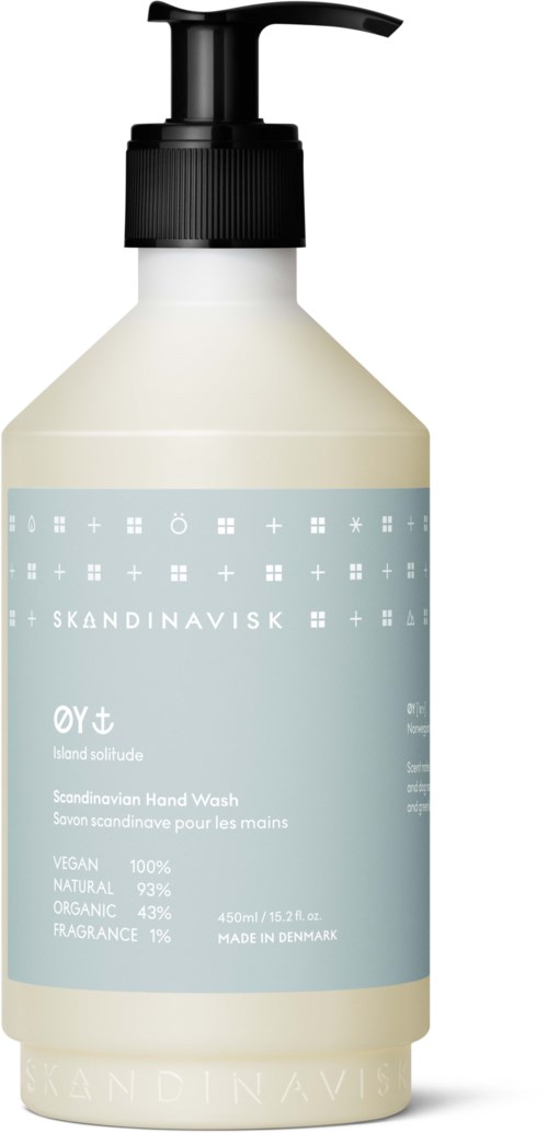 A white bottle with a black pump labeled 'Skandinavisk Hand Wash', containing natural, organic hand wash.