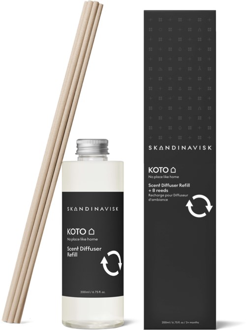 A scent diffuser refill with a black box, glass bottle, and bamboo sticks for fragrance. Scandinavian design style.