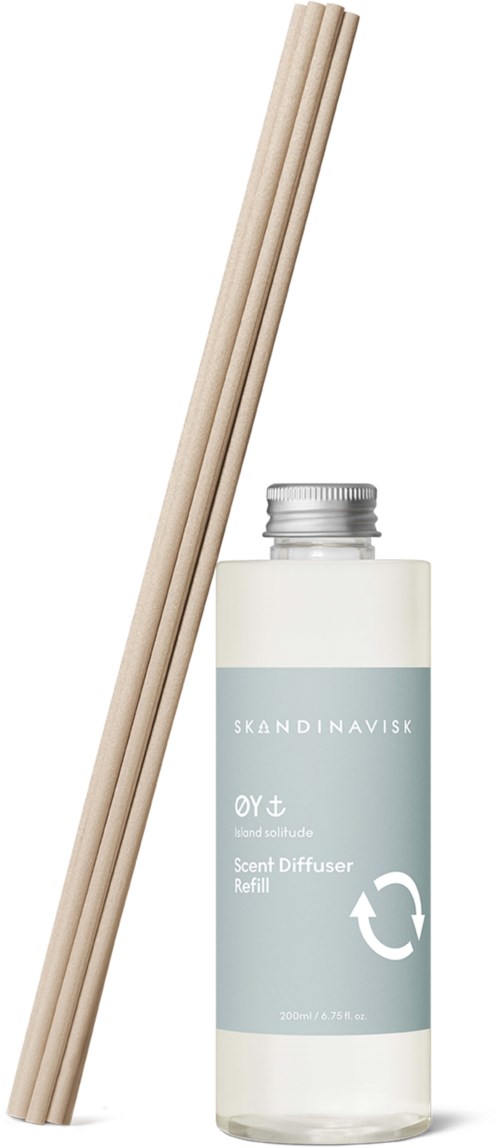 A bottle of scent diffuser refill with wooden sticks next to it.