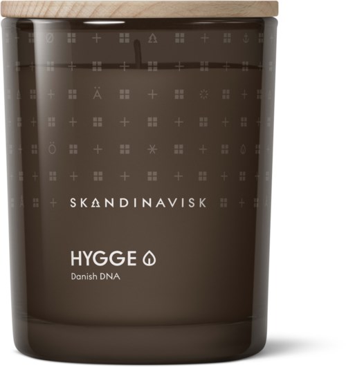 A dark brown container with Scandinavian branding, labeled 'HYGGE Danish DNA,' featuring small symbols and a wooden top.