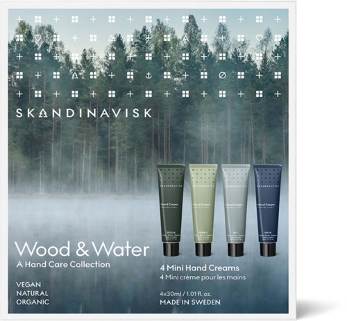 Eine Box zeigt vier Tuben Handcreme vor einem Waldbild und Text über natürliche Inhaltsstoffe und Handpflege.