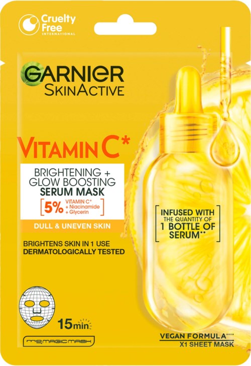 Garnier SkinActive Vitamin C serum mask förpackning med pipett och illustration av en serumflaska i gult.