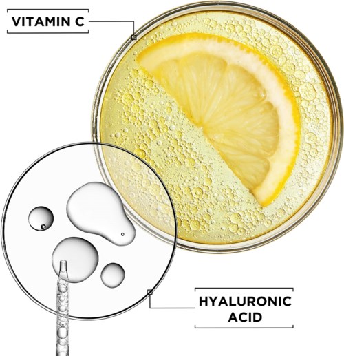 En illustration som visar citronskivor i en dryck med bubblor, med fokus på vitamin C och hyaluronsyra.