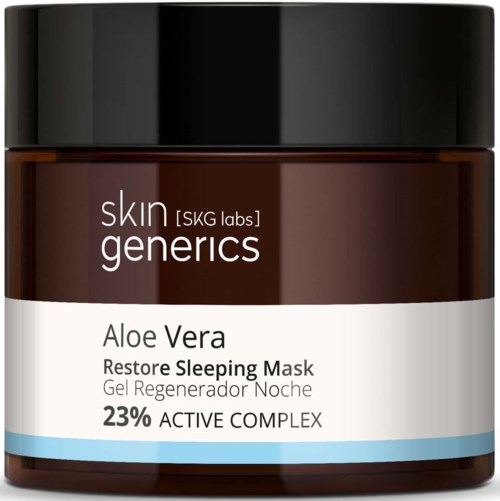 Ein brauner Behälter mit schwarzem Deckel, beschriftet 'Aloe Vera Restore Sleeping Mask' für Hautpflege.