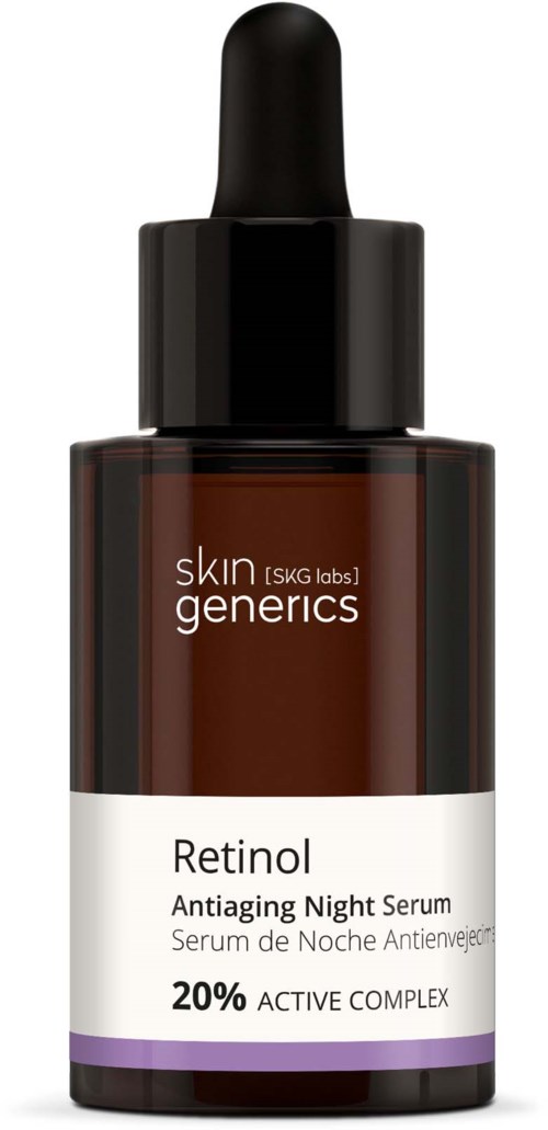Een bruin flesje met een zwart pipetdop en label 'Retinol Antiaging Night Serum' en '20% ACTIVE COMPLEX'.