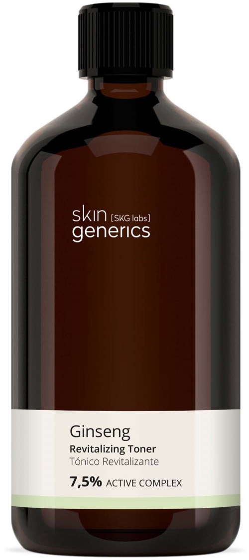 Een bruin flesje met zwarte dop, gelabeld 'Ginseng Revitalizing Toner' en een kleine groene lijn onderaan.