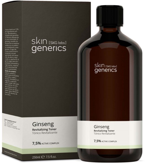 Een bruin flesje met een zwarte dop en een doos met de tekst 'Skin Generics Ginseng Revitalizing Toner' en details in het Spaans.