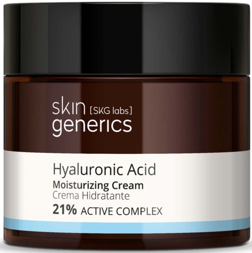 En brun burk med etiketten 'Skin Generics Hyaluronic Acid Moisturizing Cream' och svart lock.
