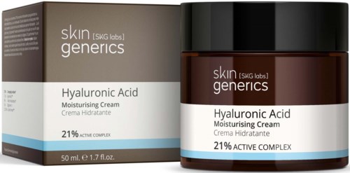 En burk och förpackning av hudfuktande kräm med hyaluronsyra, 21% aktiv komplex, i neutrala färger och enkel design.