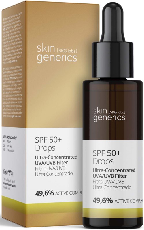 En mörkbrun flaska med dropper och en beige kartongetikett SPF 50+ solskydds drops.