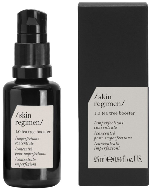 En svart flaska med pump och en låda, märkta för hudvård, tea tree booster, 25 ml.
