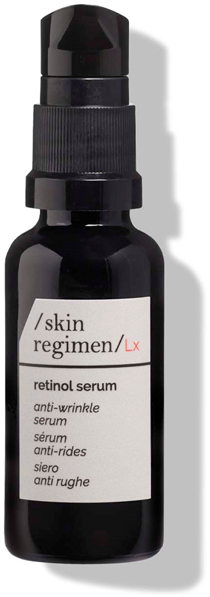 A black bottle of retinol serum with a pump, labeled for skin care, anti-wrinkle, and anti-rides properties.
