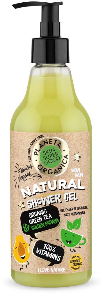 En grønn og beige dusjsåpeflaske med pumpe, merket som økologisk, naturlig og rik på vitaminer og planteingredienser.