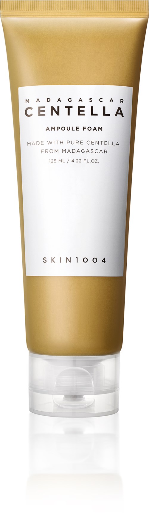 Guldfärgad och vit tub märkt Madagascar Centella Ampoule Foam för huden. Liten storlek, 120 ml.