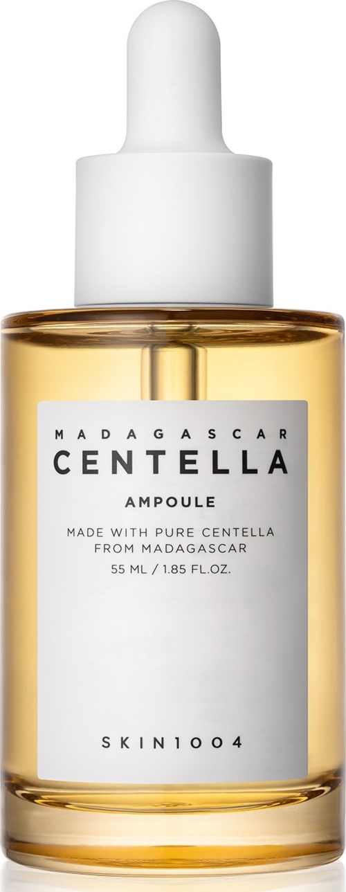 En klar glasflaska med vit pipettlock, innehållande en gulaktig vätska, märkt Madagascar Central Ampoule.