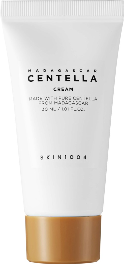 A plain white tube with gold cap, labeled Madagascar Centella Cream, contains 30ml of skincare product.