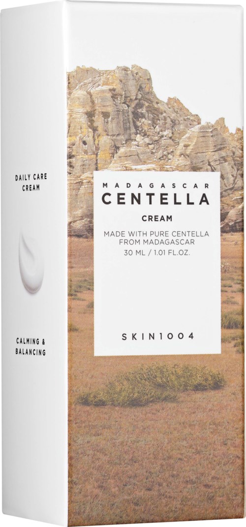 Box with a desert landscape background and text about Madagascar Centella cream for skin care.