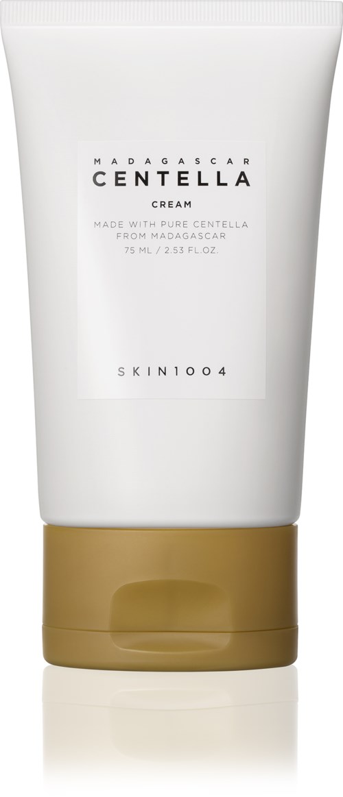 En vit tub med hudvårdscreme med guldkork, märkt Madagascar Centella Cream av SKIN1004.