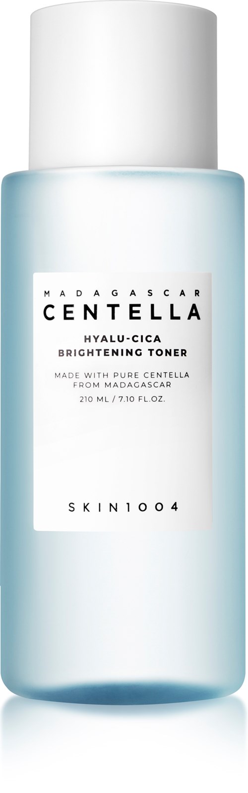 En ljusblå flaska med vit lock, märkt Centella Hydalu-Cica Brightening Toner. Etiketten visar produktuppgifter.