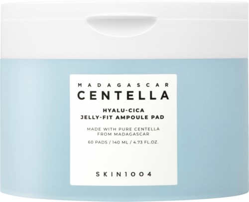 Blauer Behälter mit Madagascar Centella Jelly-Fit Ampoule Pad, weißer Deckel und Beschriftung.