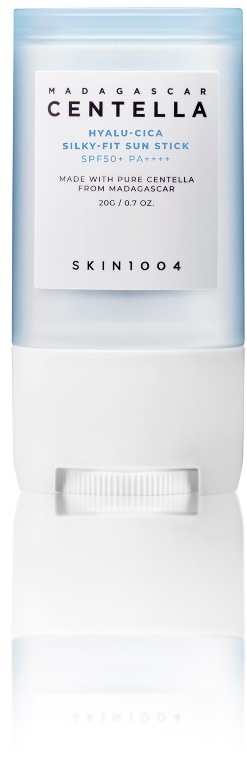 A white bottle with a label, containing Madagascar Centella skin care product. It is a sun stick with SPF 50.