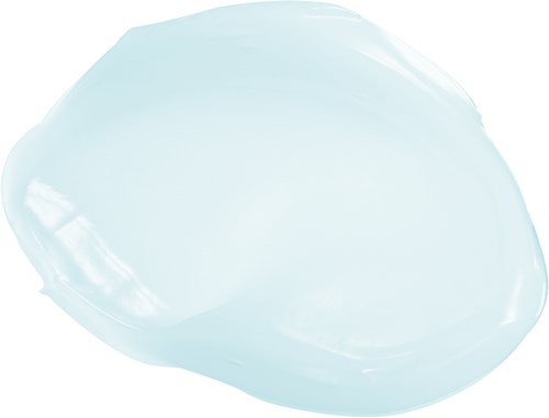 En klar, blåaktig geléliknande substans med en slät, glänsande yta, något formad som en oval.