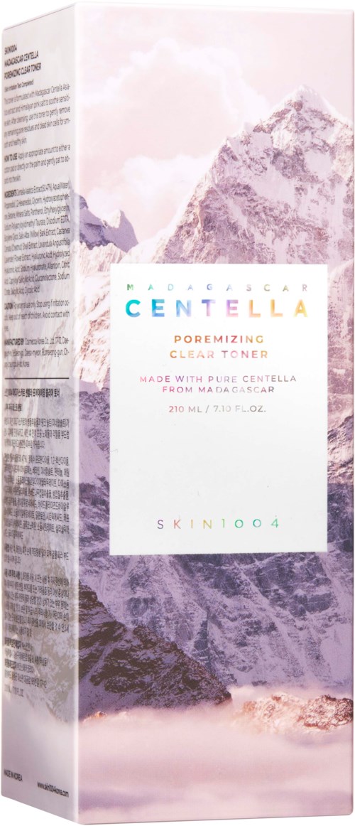En bokske av hudpleieprodukt med fjelllandskap, merket som Centella Pore Minzing toner, laget med rent Centella fra Duba, Canada.