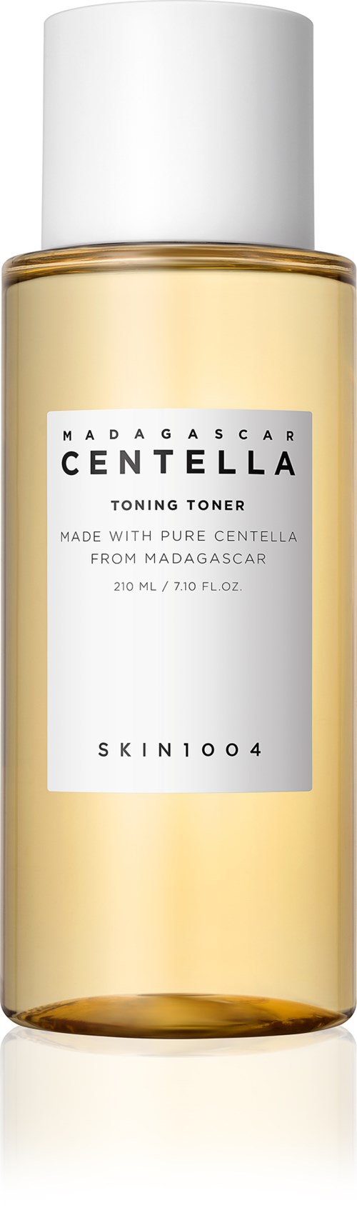 En klar flaska med vit kork, innehållande en ljusgul vätska, märkt som Madagascars Centella toner.