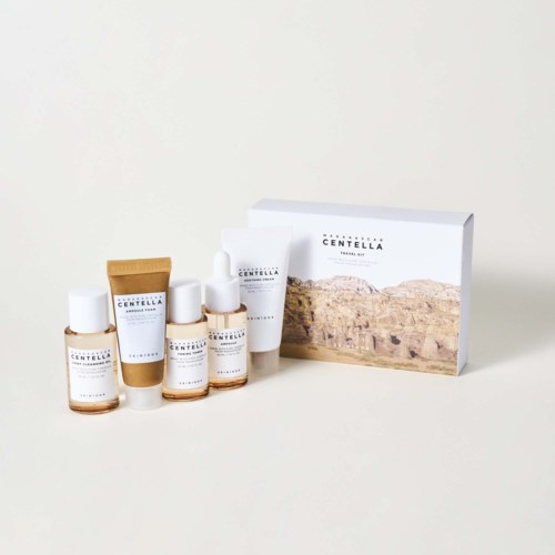 Set of skincare bottles and a box with a desert landscape, labeled "Centiella".