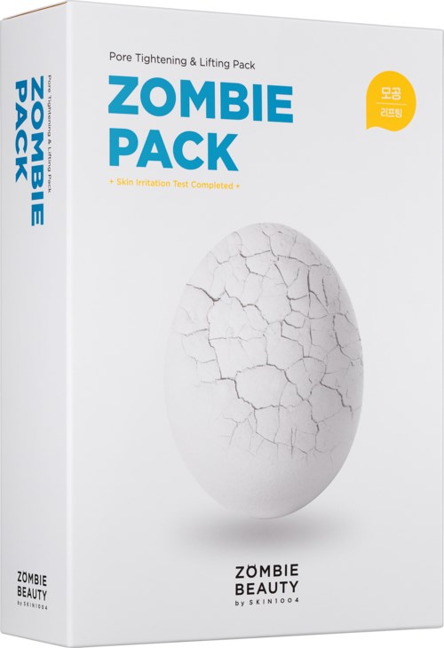 En hvit eske med blå og gult tekst, viser et sprukket egg og ordene 'Zombie Pack' og produktdetaljer.