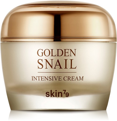 Ett glas med guldfärgad hudkräm märkt "Golden Snail Intensive Cream" av Skin79.