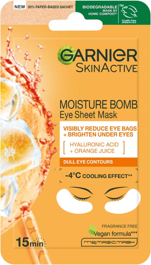 Garnier SkinActive fuktbombe øyekartongmaske med kjølende effekt, vegansk, uten parfyme, lyser opp under øynene, reduserer hevelser.