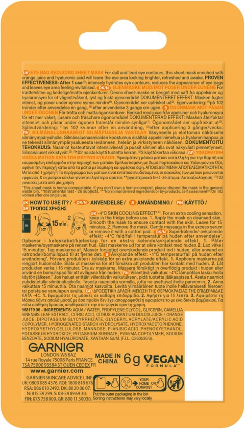 oransje emballasje for Garnier hudpleie med tekstinstruksjoner og symboler, inkludert vegansk og 6g vekt.