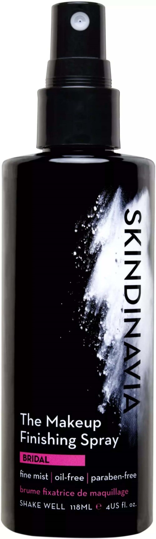 Svart sprayflaska med vit och rosa text, märkt "SKINDINAVIA The Makeup Finishing Spray".