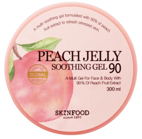 En rund burk med persikagelé lugnande gel med rosa etikett, visar en persika och produktinformation.
