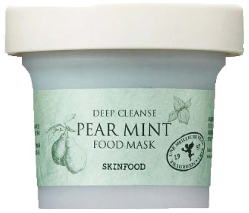 En krukke merket 'Deep Cleanse Pear Mint Food Mask' med en mynte og pæren illustrasjon og et stempel på etiketten.