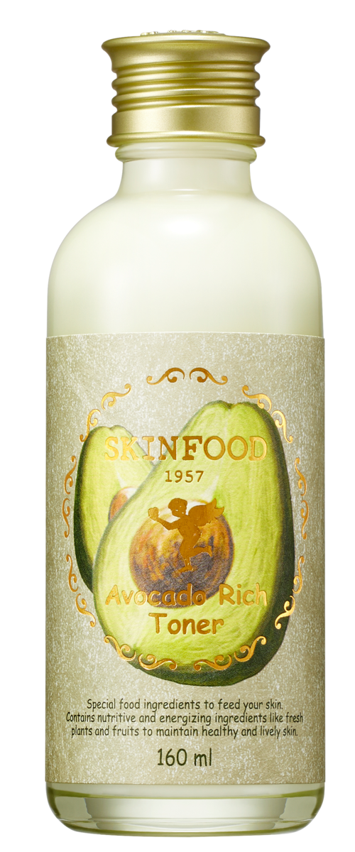 En vit flaska med guldkork, märkt 'Avocado Rich Toner', visar en avokadobild, 160 ml storlek.