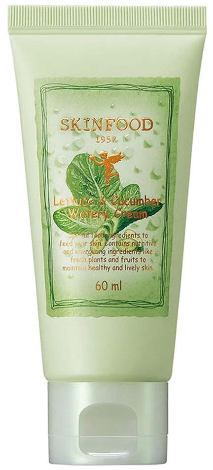 Lemon and cucumber watery cream in a green tube, labeled Skinfood, 60 ml, for healthy skin.