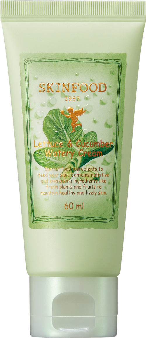 A light green tube labeled Skinfood Lettuce & Cucumber Watery Cream with a sunflower and leafy design.