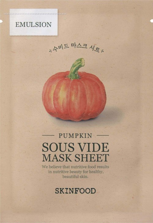 A pumpkin illustration on beige background, with product info about a mask sheet for healthy skin.
