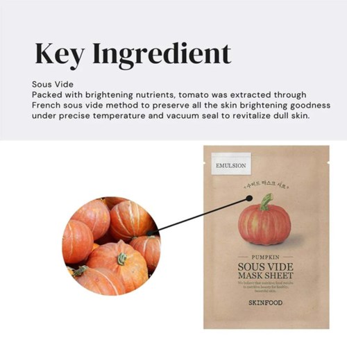 Pumpkin extract used in a skin mask sheet for brightening and revitalizing dull skin.