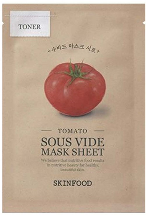 A packet contains a tomato-themed mask sheet. The text mentions it improves skin health and is for beauty.