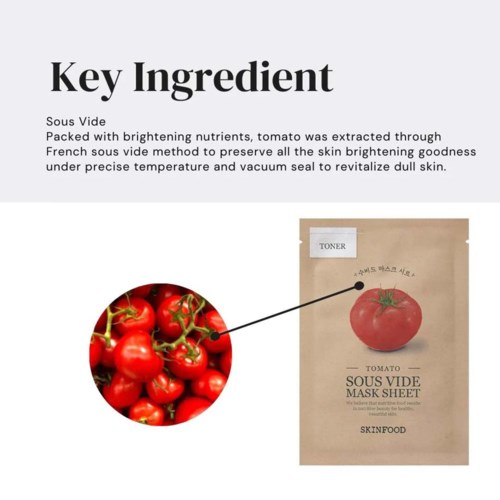 Tomato extract is a main ingredient in a face mask sheet for skin brightening and revitalization.