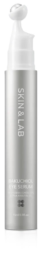 Een witte en zilveren fles van Skin & Lab Bakuchiol Eye Serum met dispenseerpomp.