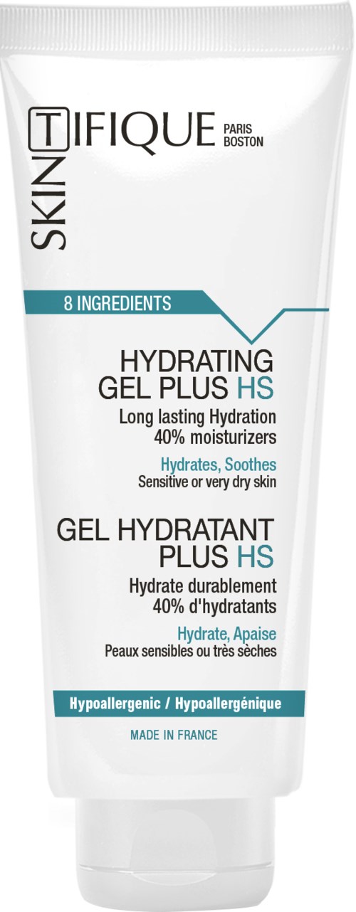 En vit tub med svart och blå text, annonserar en återfuktande gel med 8 ingredienser för känslig hud.