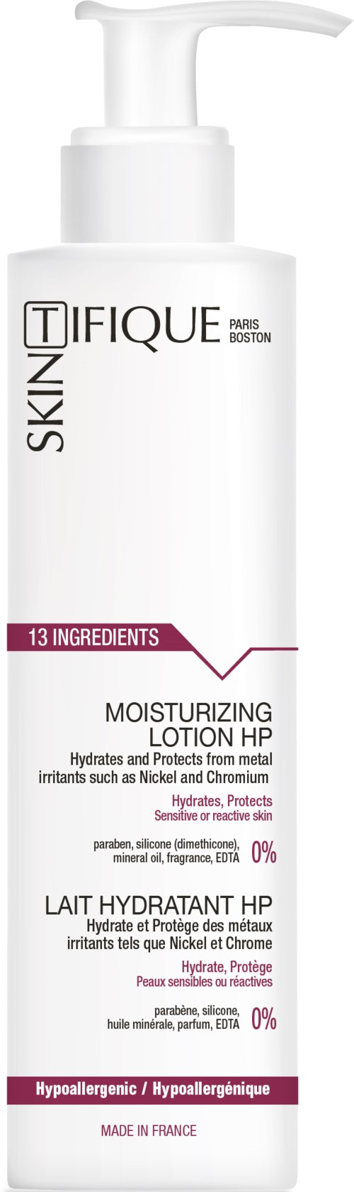 En vit pumpflaska med svart och lila text, märkt "Moisturizing Lotion HP" och nämner 13 ingredienser.