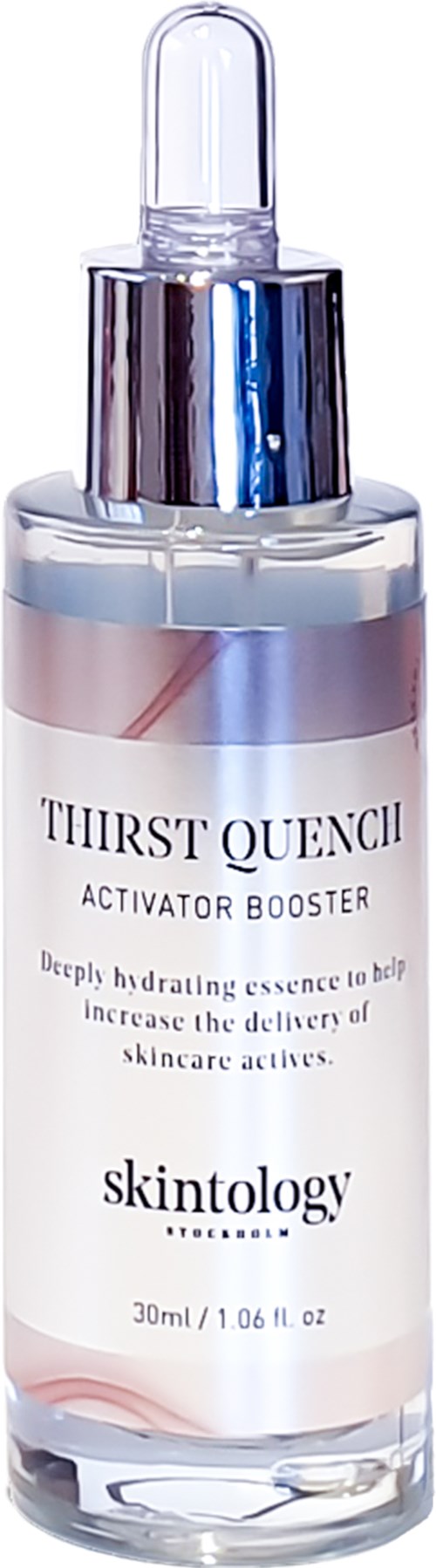 En hudvårdsserumflaska märkd 'Thirst Quench Activator Booster' med pipettlock.