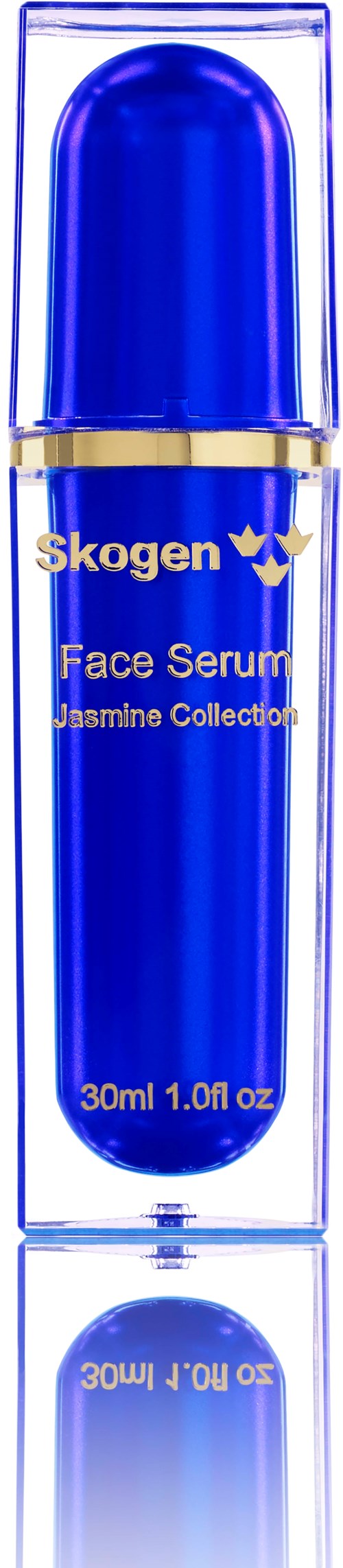 En blå flaske ansigtsserum med en guldbånd, mærket 'Skogen Face Serum Jasmine Collection,' ca. 30 ml.